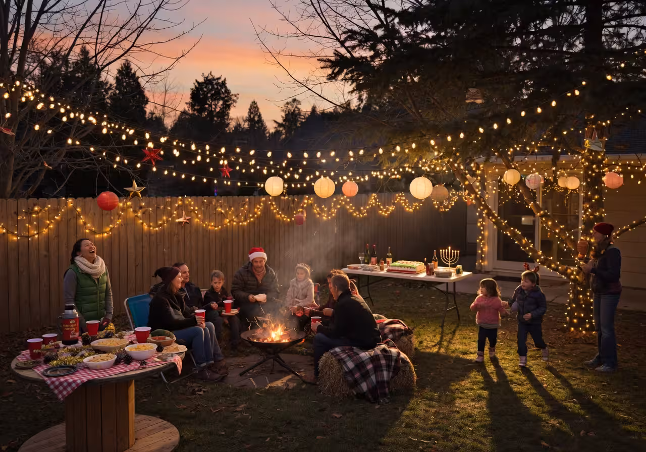 Festive backyard holiday party at dusk with warm string lights draped across wooden fence and tree b