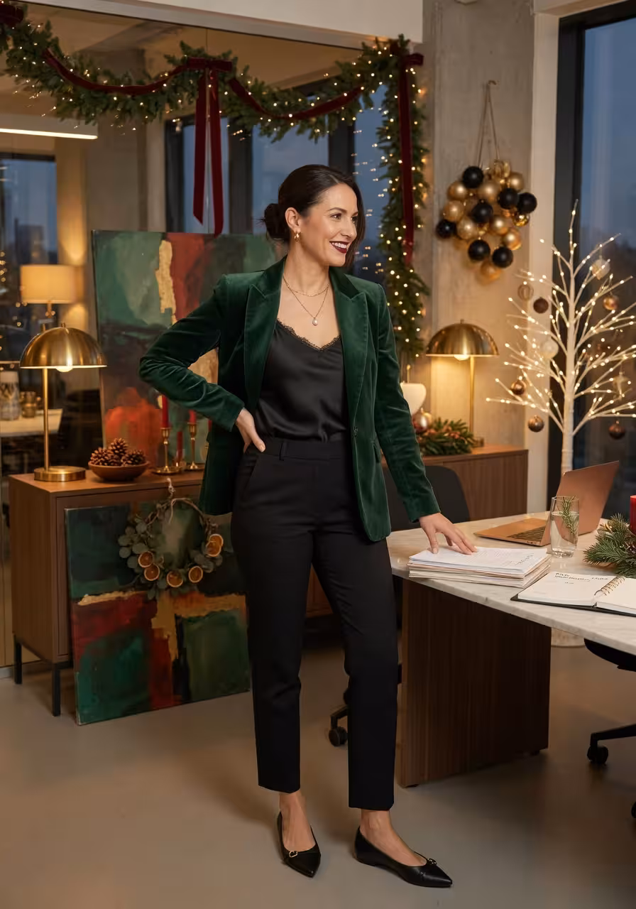 Professional woman wearing forest green velvet blazer over black ponte pants and silk camisole in mo