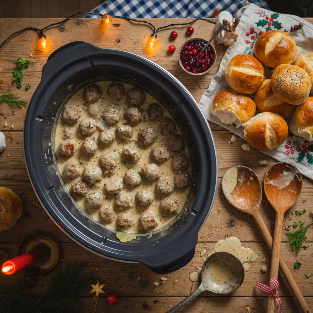 overhead view of a large slow cooker filled with Swedish meatballs in creamy gravy, surrounded by se