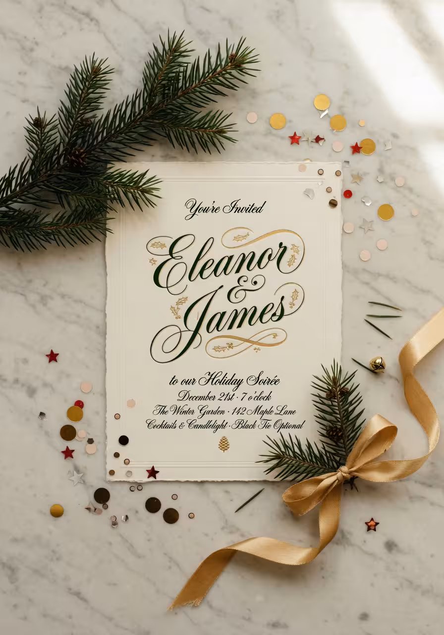 Elegant holiday party invitation mockup with festive calligraphy name displayed on cream cardstock,