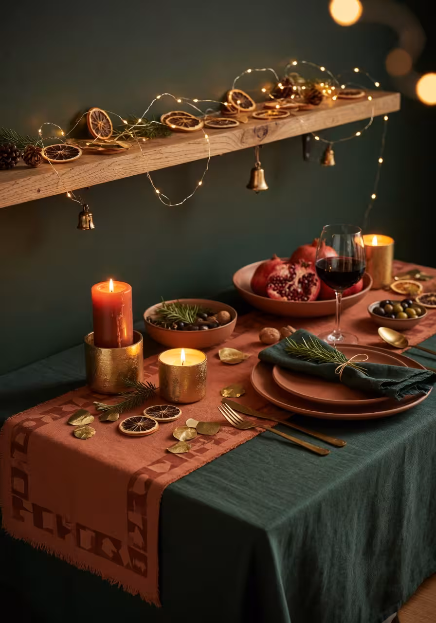 Warm modern holiday table setting with deep forest green and terracotta layered tablecloths, brushed