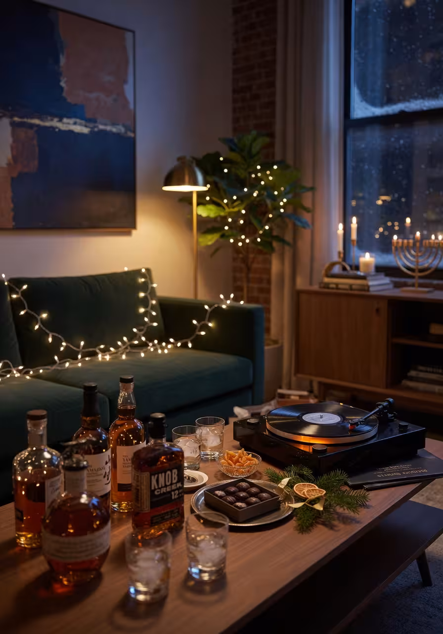 Modern elegant adult holiday party setup with whiskey bottles, vinyl record player, and warm string