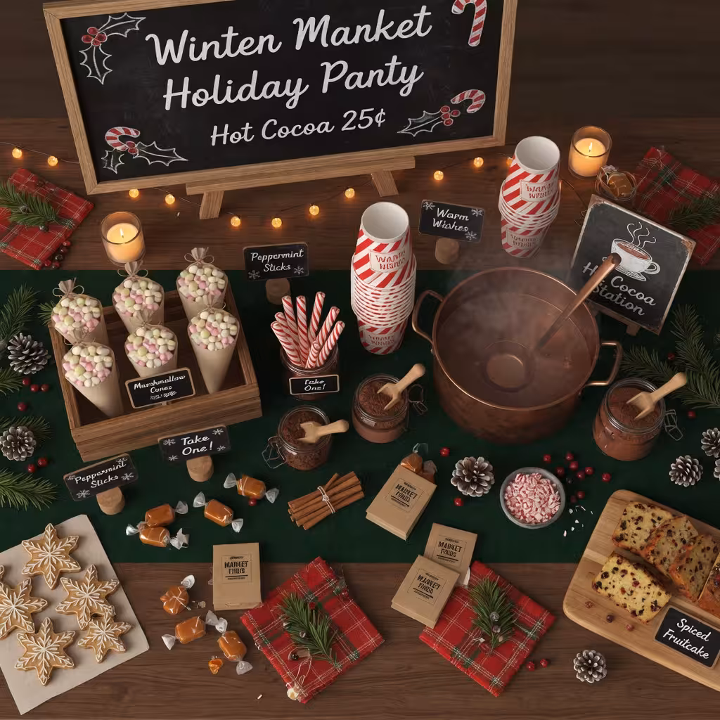 Overhead view of a winter market themed holiday party table with chalkboard signs and a hot cocoa station