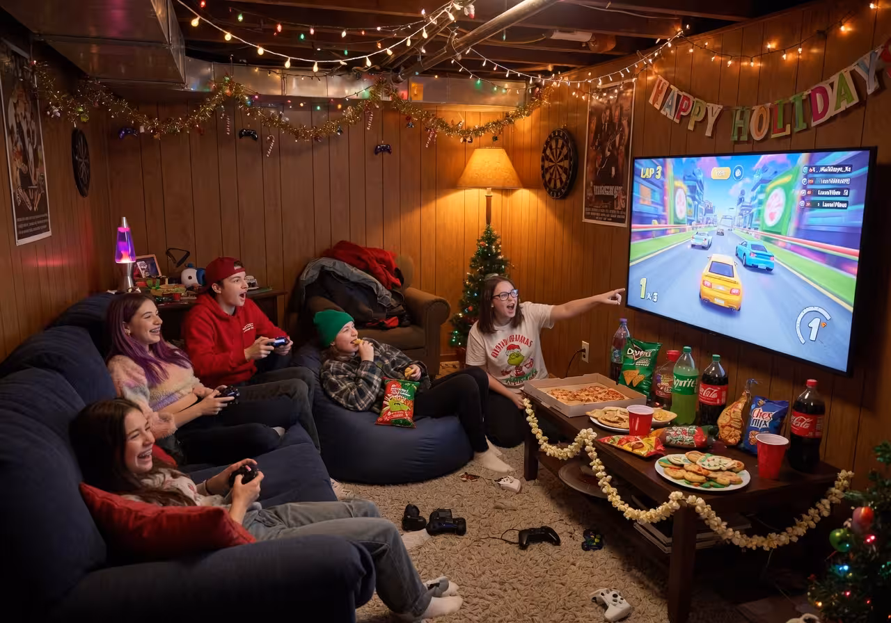 teenagers playing video games on large TV screen at holiday party, cozy basement setting with string