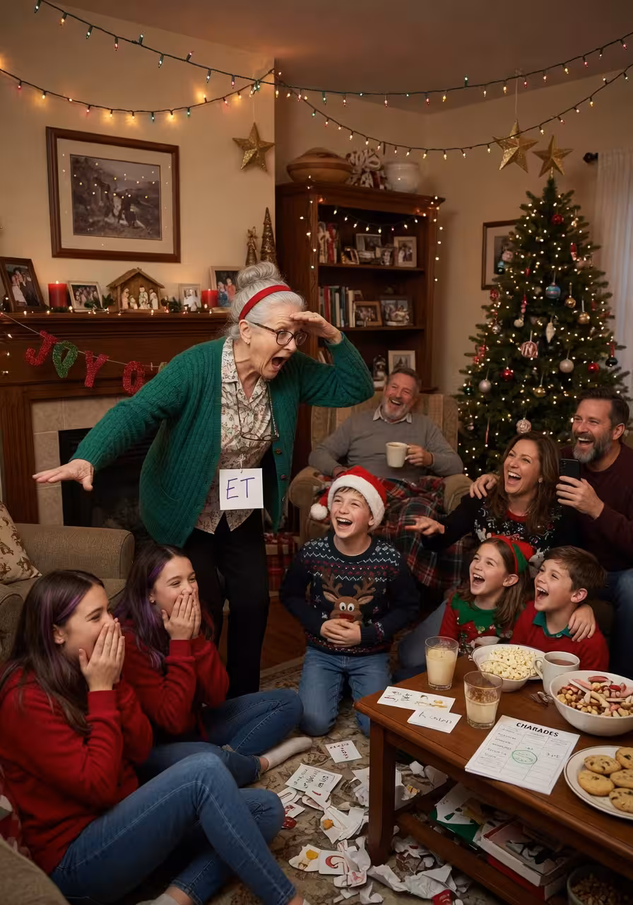 Multigenerational family playing charades in cozy living room during holiday party, grandmother acti