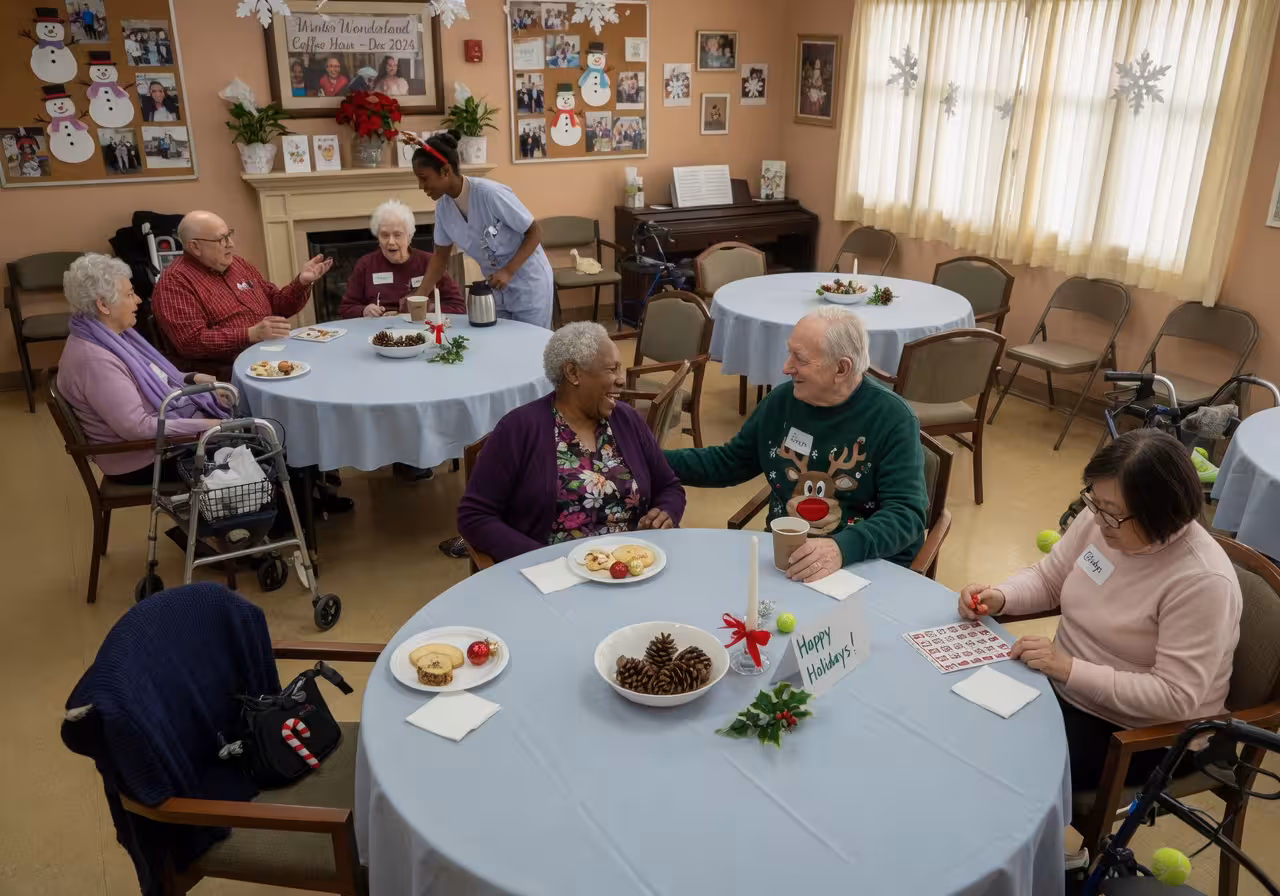 Warm community room in assisted living facility with seniors seated at round tables decorated with s