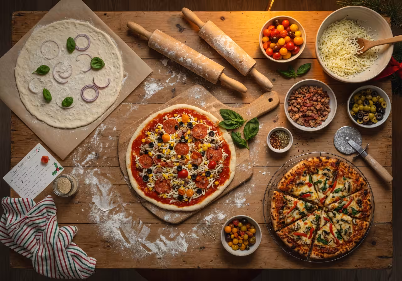 Overhead view of rustic wooden table with multiple homemade pizzas in various stages of preparation,