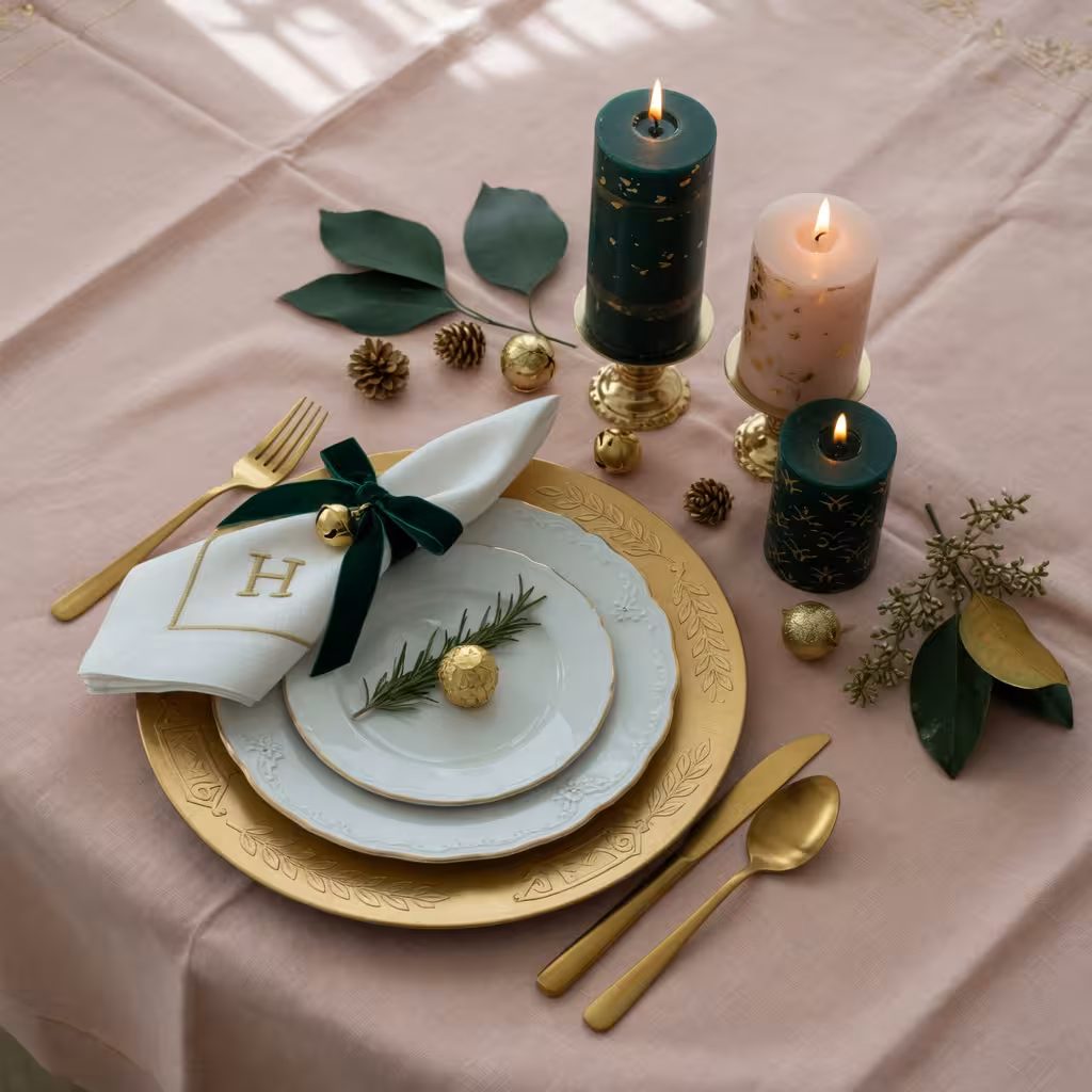 Elegant holiday table setting with blush pink linen tablecloth, gold chargers, white plates, and thr