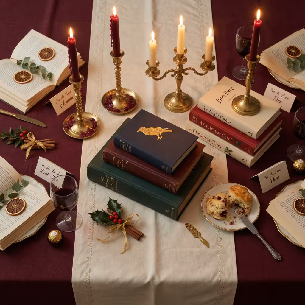 Elegant book club holiday party table setting with burgundy tablecloth, cream runner, gold candlesti