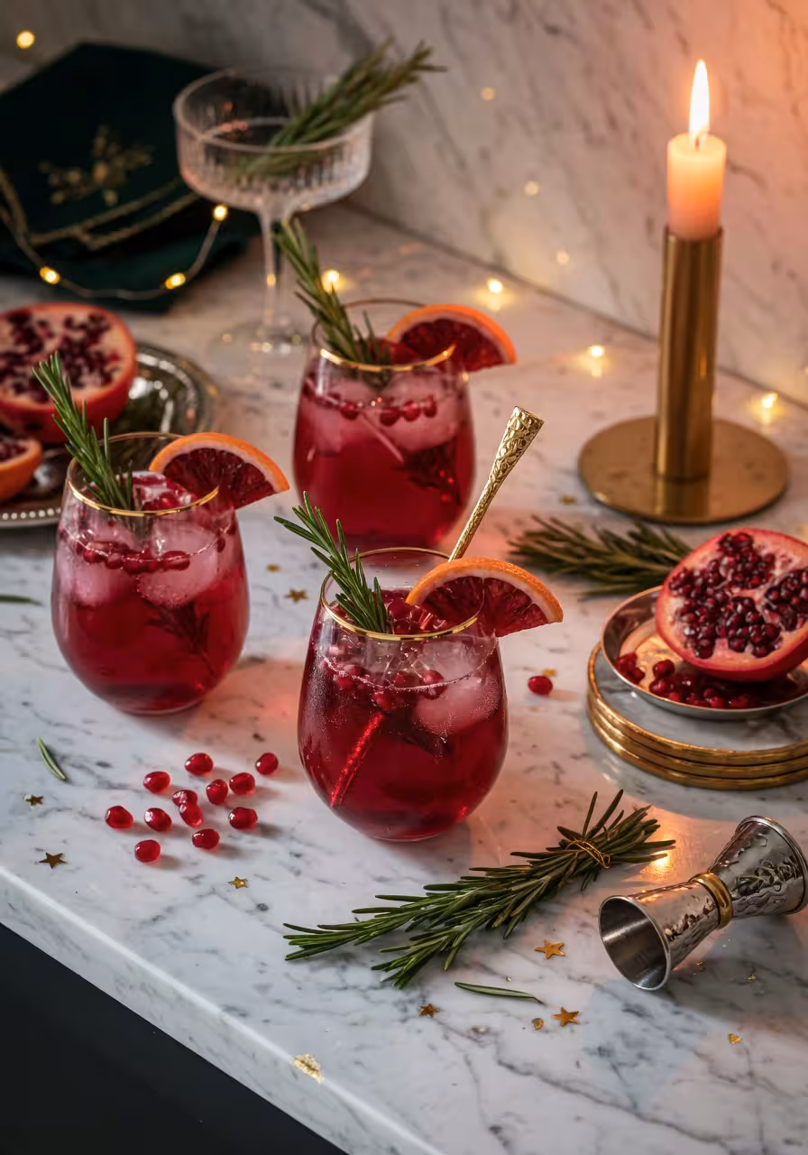 elegant holiday cocktail party setup with pomegranate rosemary spritz in stemless wine glasses on a marble countertop