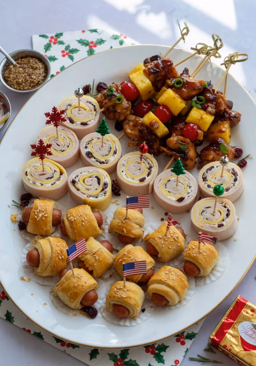 Close-up of holiday party finger foods including pigs in a blanket on white platter, teriyaki chicke