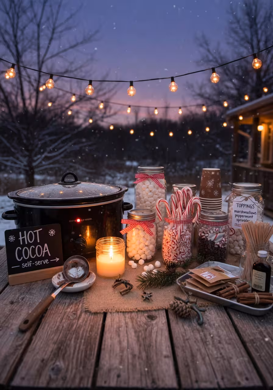 Outdoor hot cocoa bar station with a slow cooker and mason jars filled with marshmallows and peppermint toppings