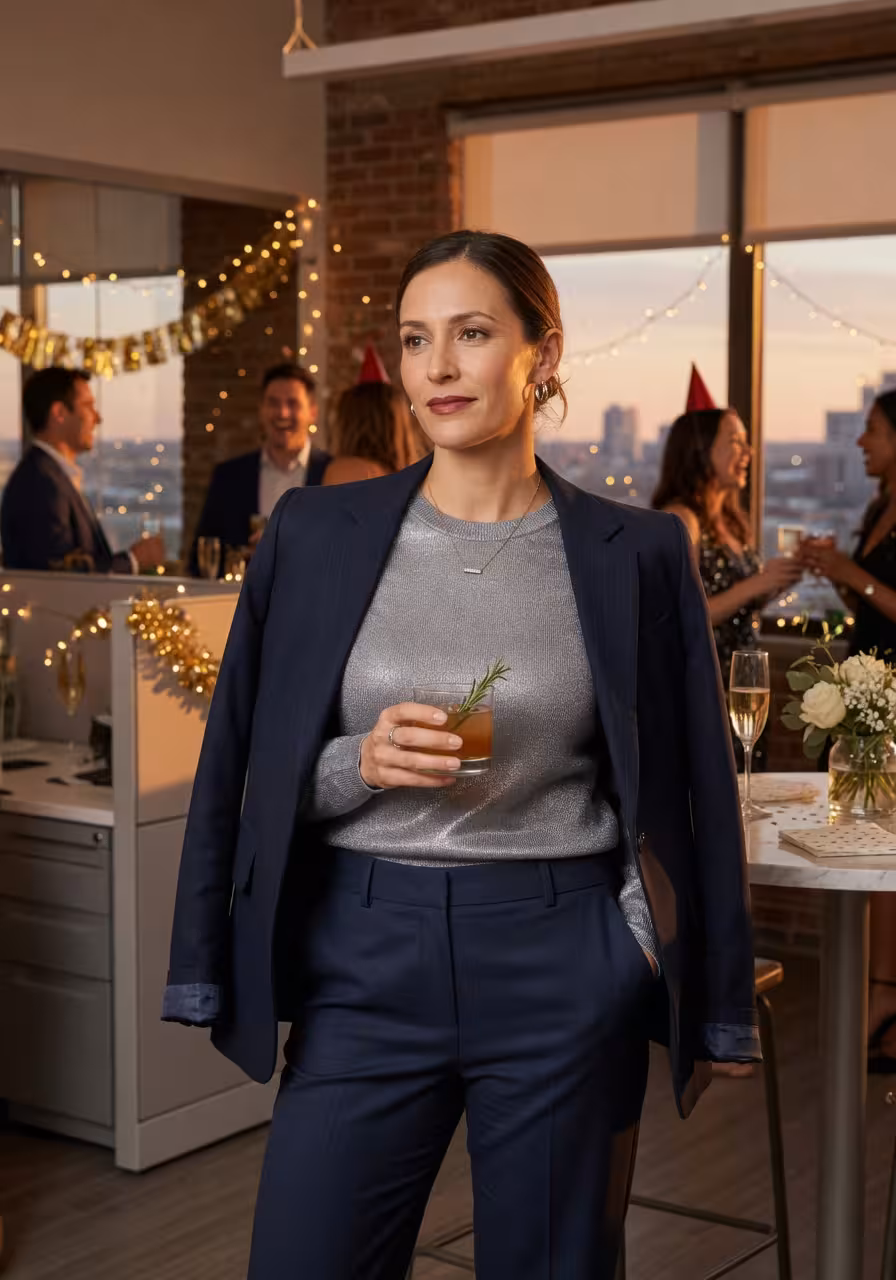 Subtle metallic silver sweater styled with a navy blazer and tailored trousers with minimalist jewelry in an office