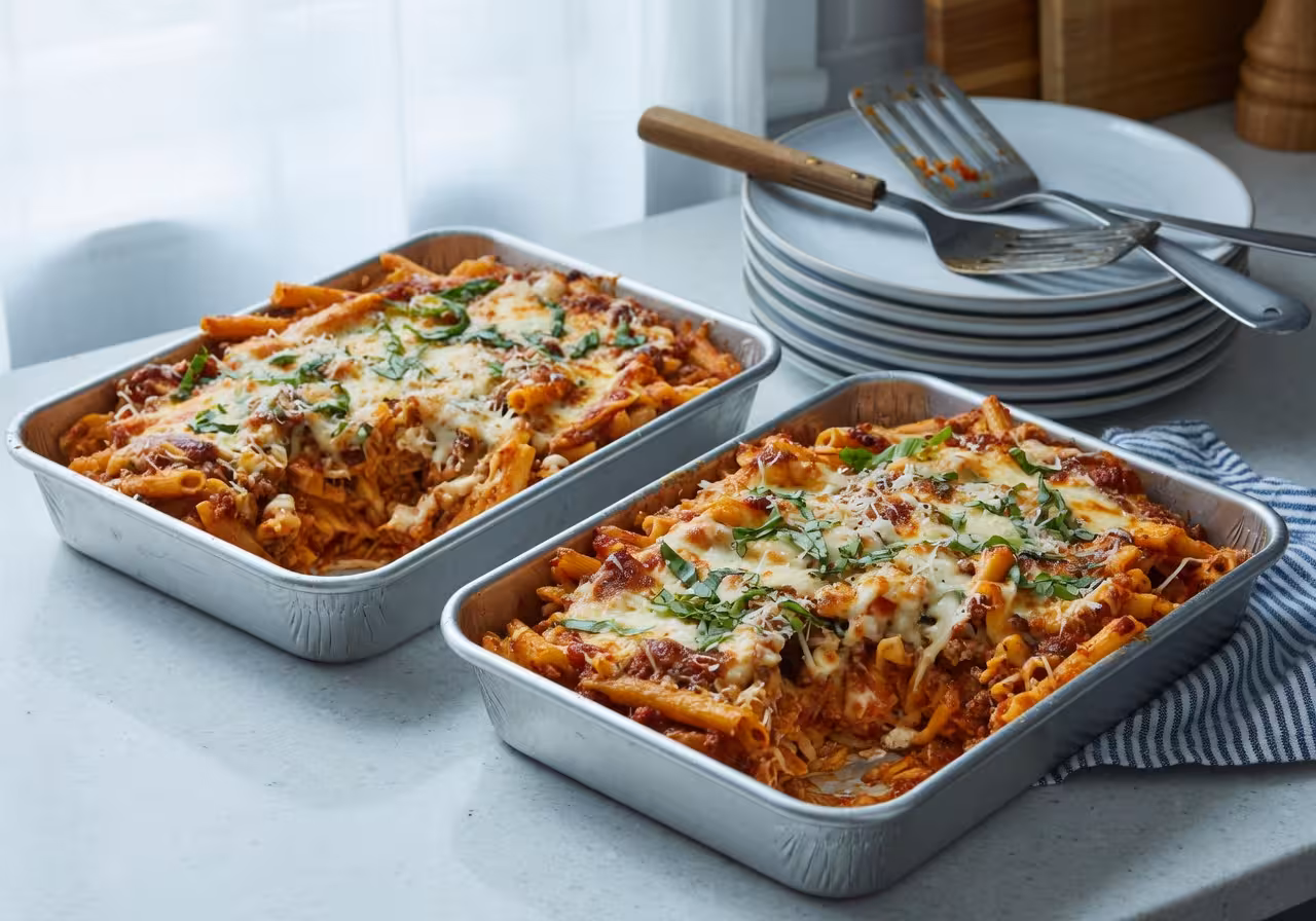 two aluminum baking pans filled with golden-brown baked ziti topped with melted mozzarella cheese