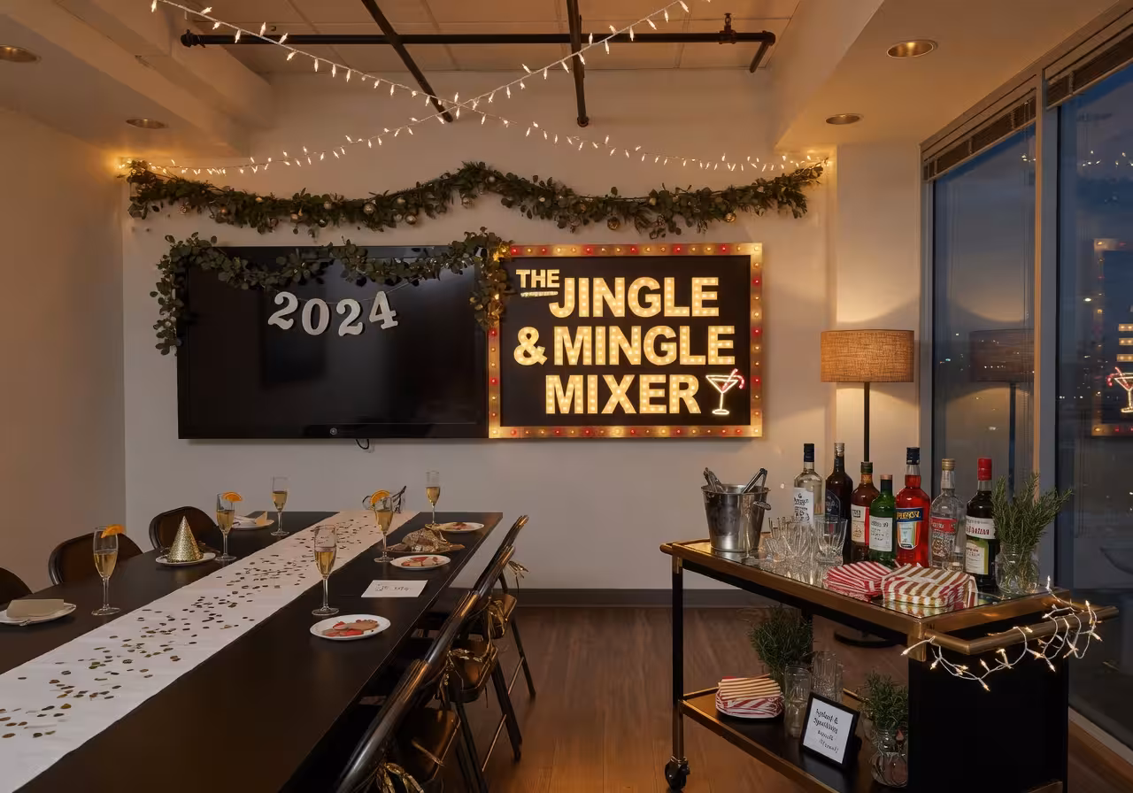 Modern office conference room decorated for a holiday party with a large illuminated sign showing a clever party name