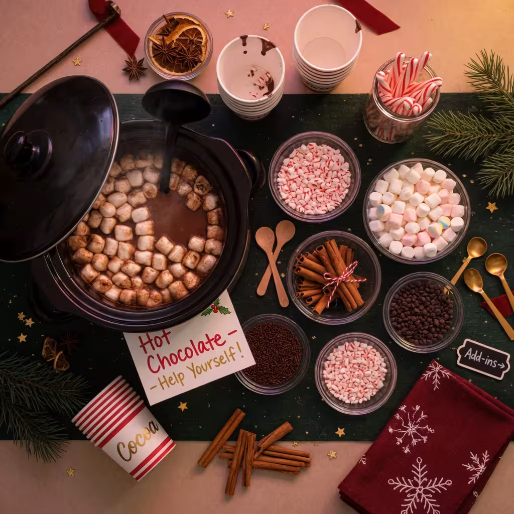 Self-serve hot chocolate bar station with a slow cooker and clear glass ramekins filled with crushed peppermint and marshmallows