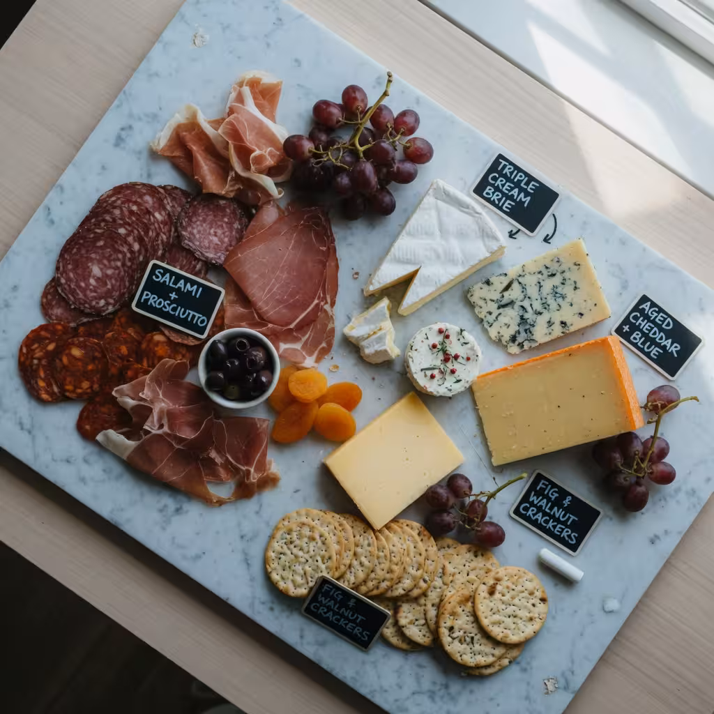 Sophisticated charcuterie and cheese board spread on marble slab with cured meats, artisan cheeses, and grapes