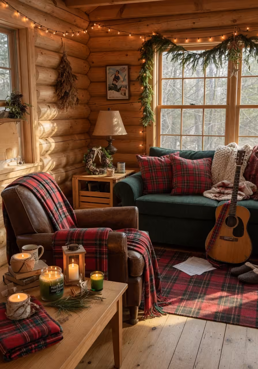 Cozy cabin themed living room with plaid throws draped over chairs and pine scented candles on wooden surfaces