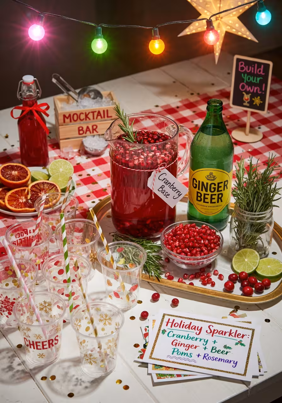 colorful DIY mocktail station with cranberry juice, ginger beer, pomegranate seeds, and fresh rosemary