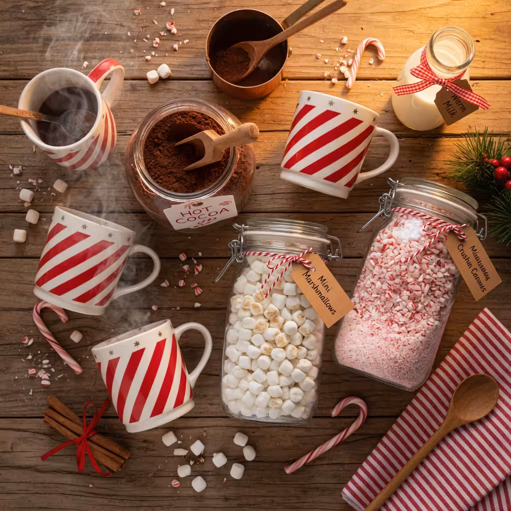 Hot cocoa bar station on a rustic wooden table with glass jars of mini marshmallows and crushed candy canes