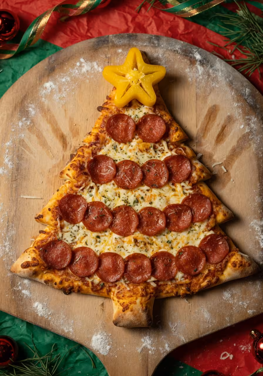 Close-up of a freshly baked Christmas-tree-shaped pizza with pepperoni in rows and a yellow bell pepper star