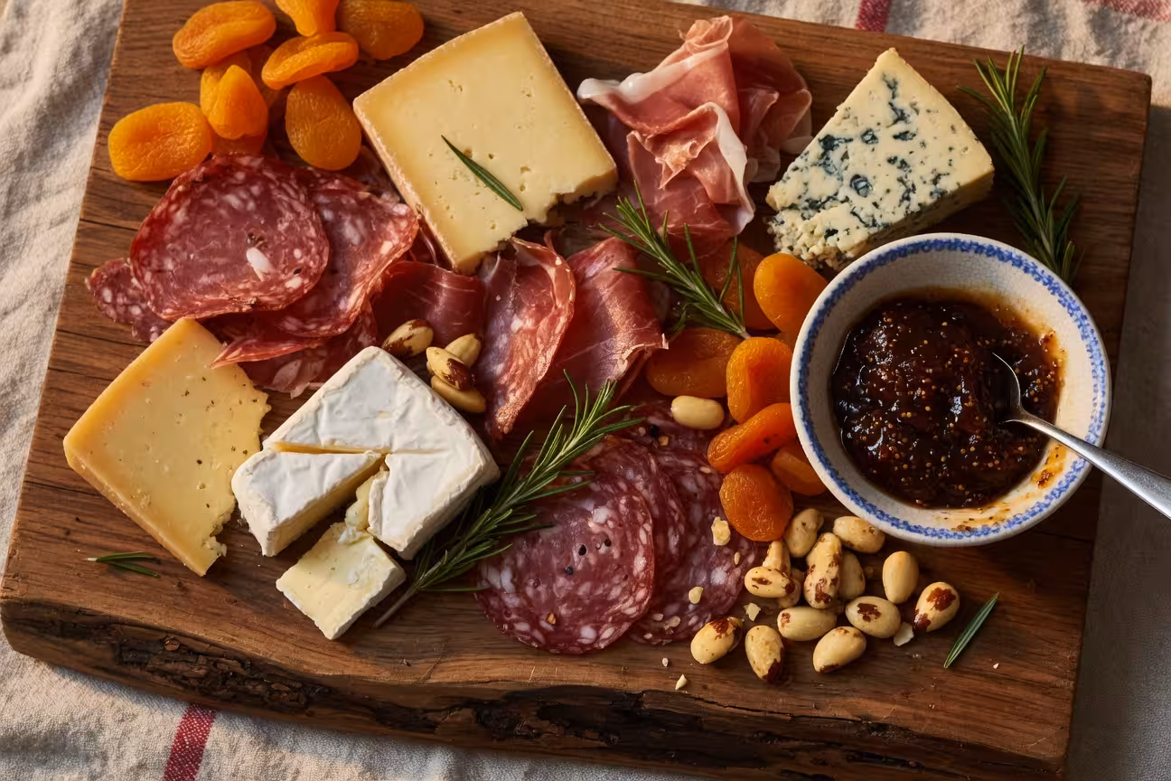 Rustic wooden charcuterie board loaded with artisan cheeses, cured meats, dried apricots, and marcona almonds