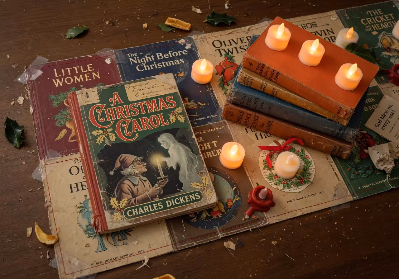 DIY book cover table runner made from vintage public domain book covers with A Christmas Carol prominent