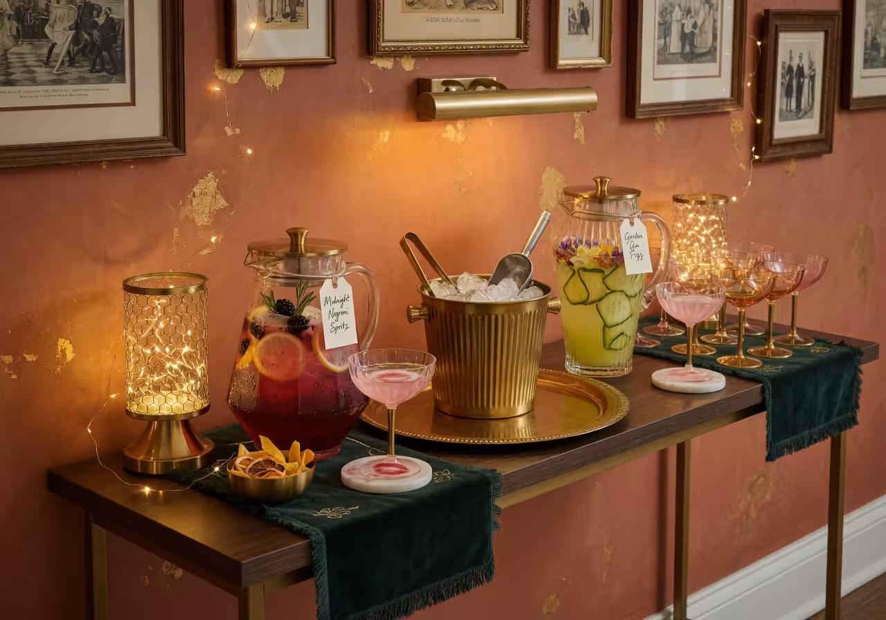 chic home bar station against a long wall with two signature cocktail pitchers, ice bucket, plastic coupe glasses and cocktail napkins