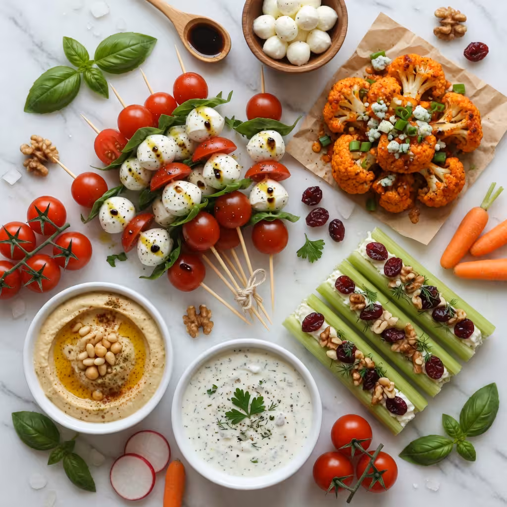 Colorful vegetable appetizer display featuring caprese skewers with cherry tomatoes basil and mozzar