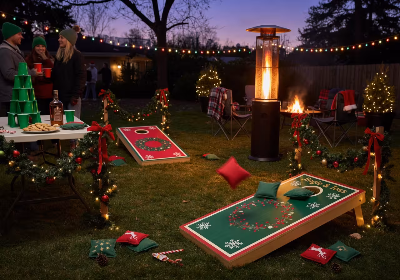 Holiday cornhole game setup in a backyard with red and green bean bags and evergreen garland decorations