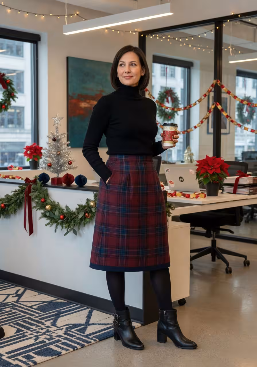 Mid-length plaid wool skirt in burgundy and navy paired with a black turtleneck, opaque tights, and ankle boots