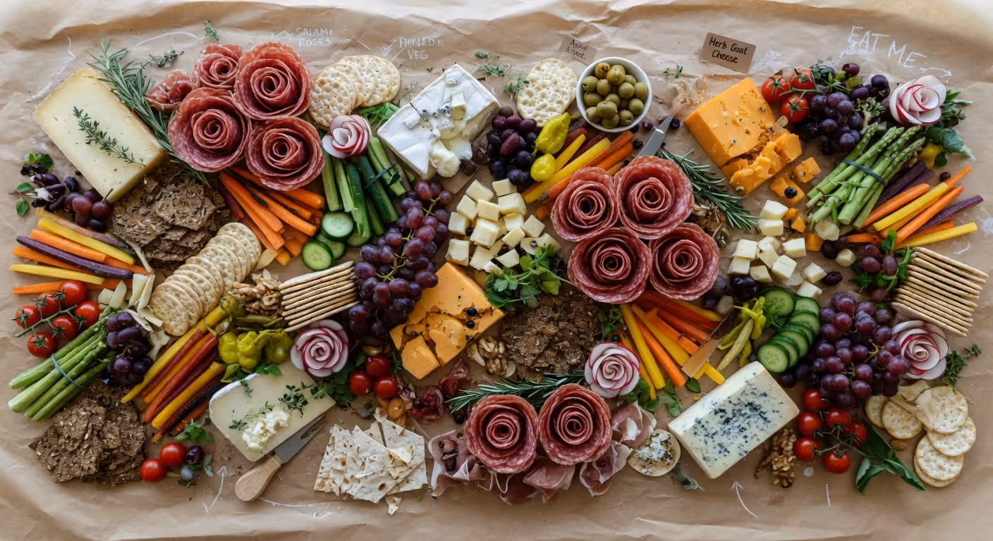 expansive charcuterie grazing board on a long table covered with parchment paper featuring rolled salami and cheese