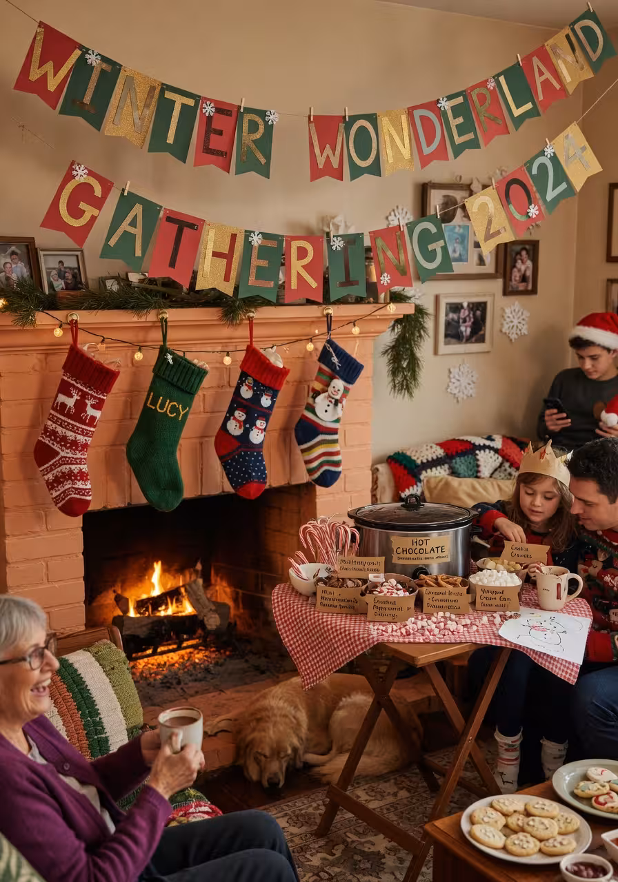 Cozy family living room holiday gathering with a handmade paper banner showing the party name strung across the mantel