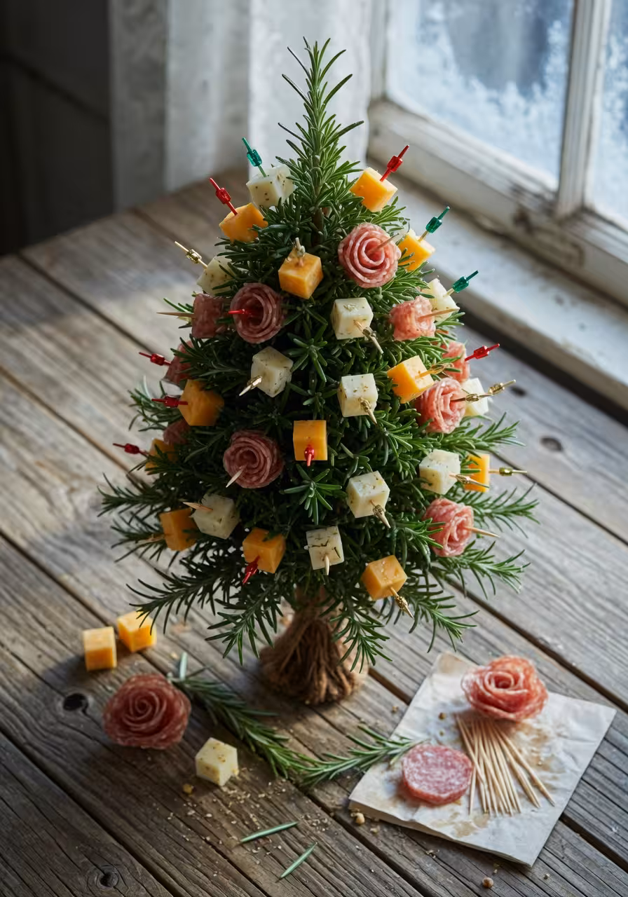 Two-foot rosemary topiary tree decorated with cheese cubes and salami on toothpicks like ornaments