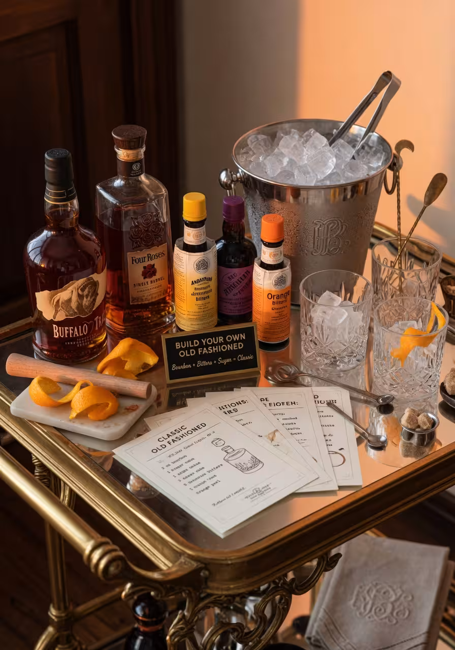 Build-your-own old fashioned cocktail station with bourbon bottles, bitters, orange peels, and ice bucket