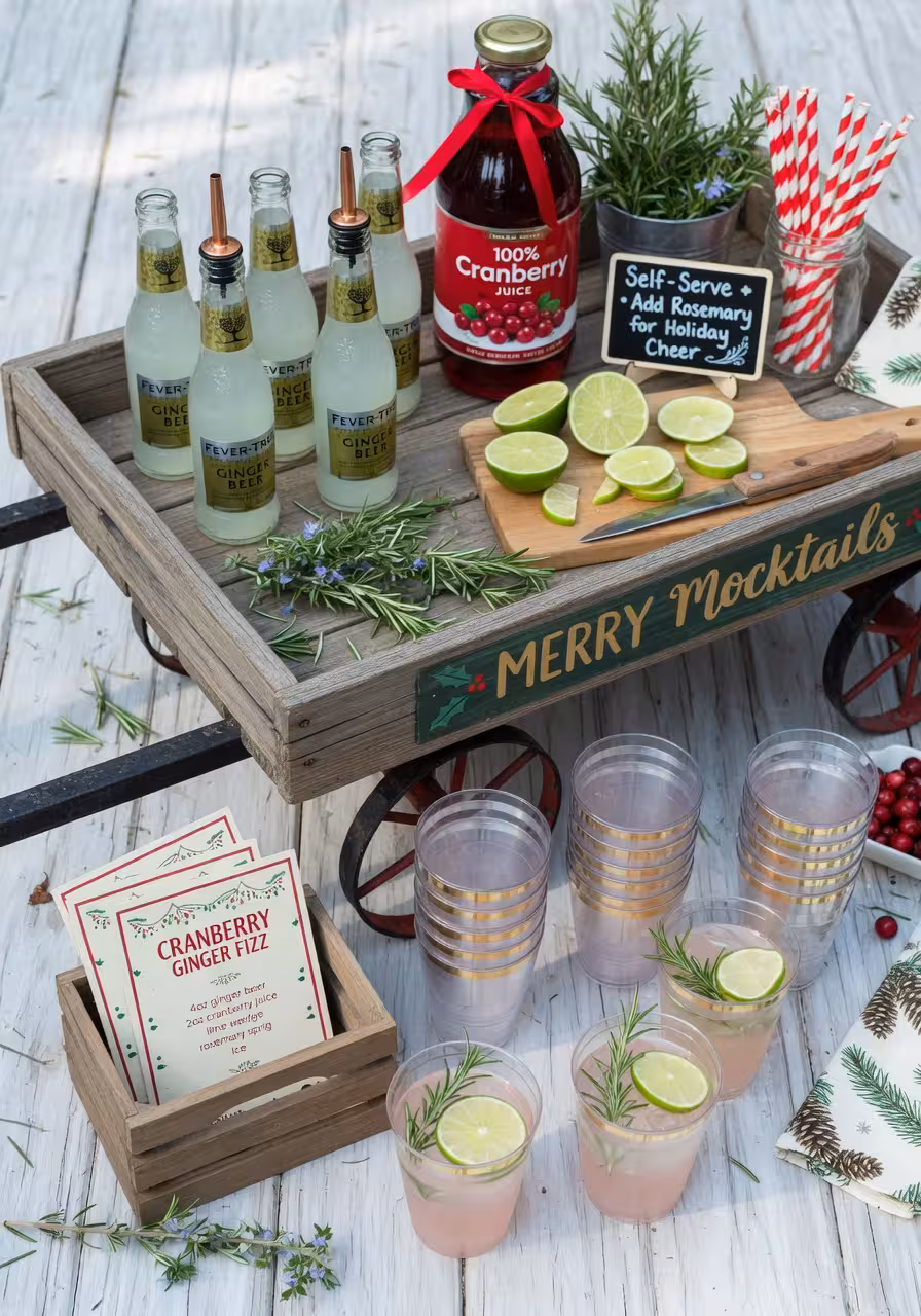 Festive mocktail cart setup with ginger beer bottles, cranberry juice, fresh rosemary sprigs, and lime slices