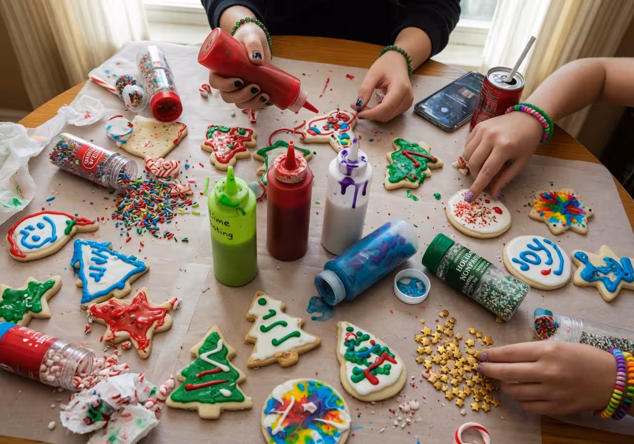 decorated holiday sugar cookies on a table with royal icing squeeze bottles and sprinkles at a teen party