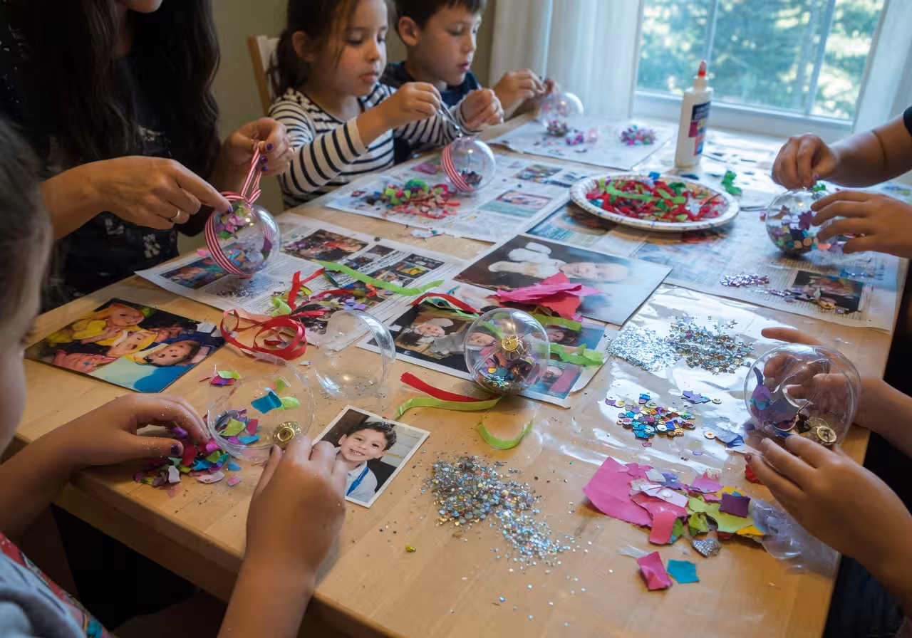 Children and adults decorating clear plastic ornaments at a craft table with glitter and ribbon scattered around