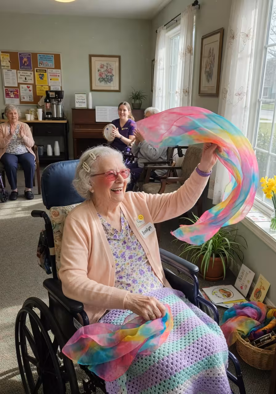 Senior woman in a wheelchair gently waving a colorful chiffon scarf during a seated dance activity, smiling joyfully