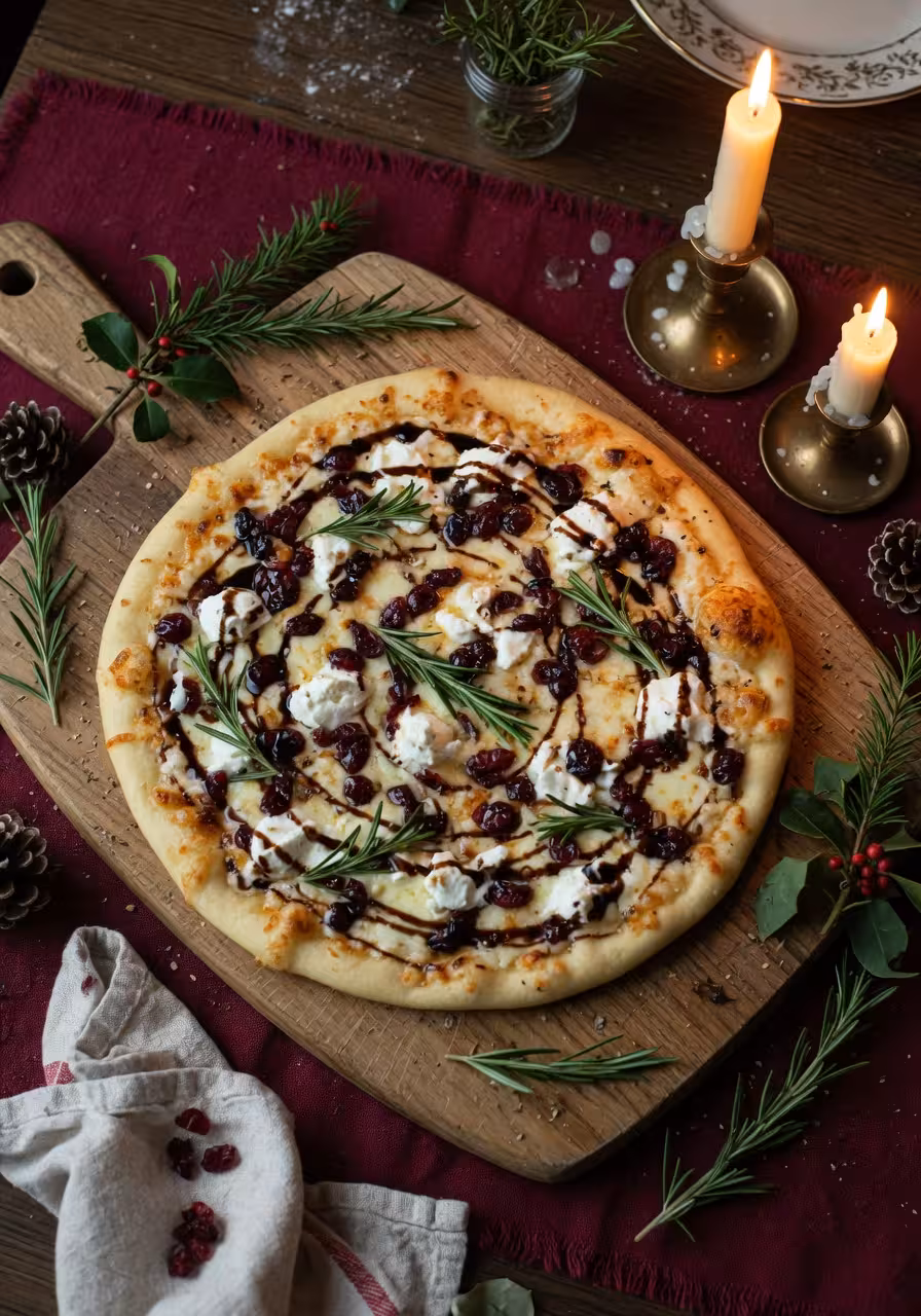 Artisanal white pizza with cranberries, goat cheese, and fresh rosemary on a wooden board, drizzled with balsamic