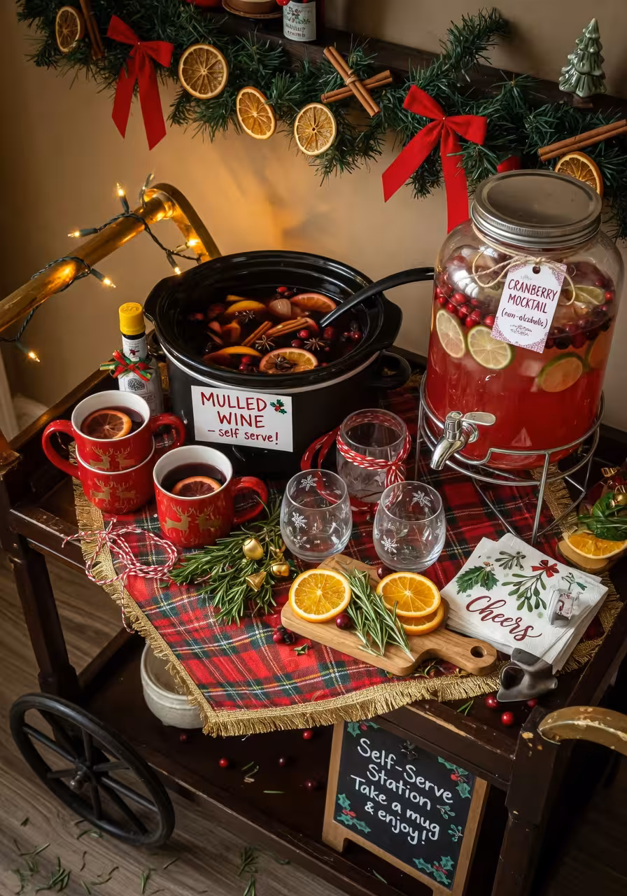 Self-serve holiday drink station with a slow cooker of mulled wine and a glass dispenser of cranberry mocktail