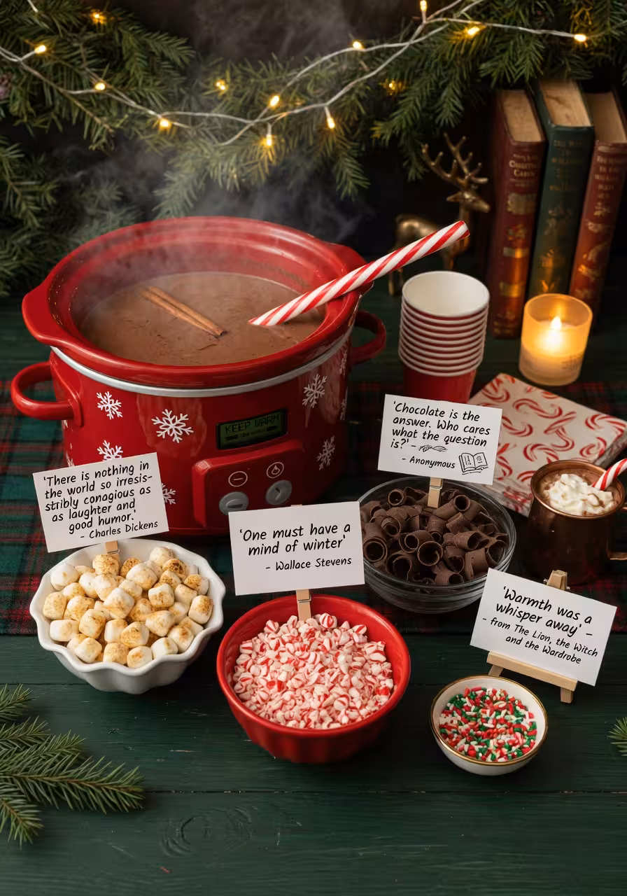Hot cocoa station with a slow cooker and small bowls of toppings including crushed candy canes and marshmallows