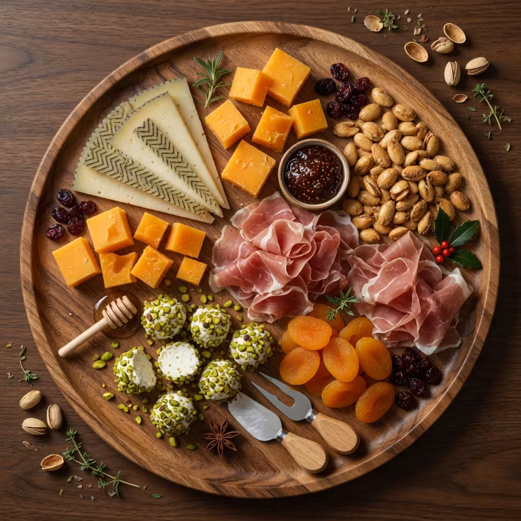 overhead view of an artisan charcuterie board on a wooden serving platter with Manchego and aged cheddar, Marcona almonds, dried apricots and prosciutto