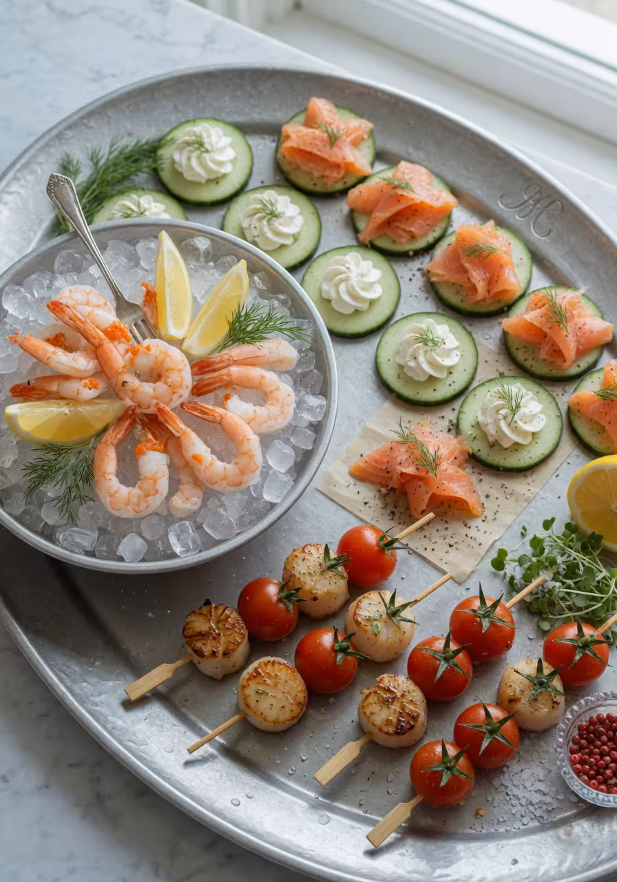 Elegant seafood appetizer arrangement with cocktail shrimp on ice, smoked salmon on cucumber rounds