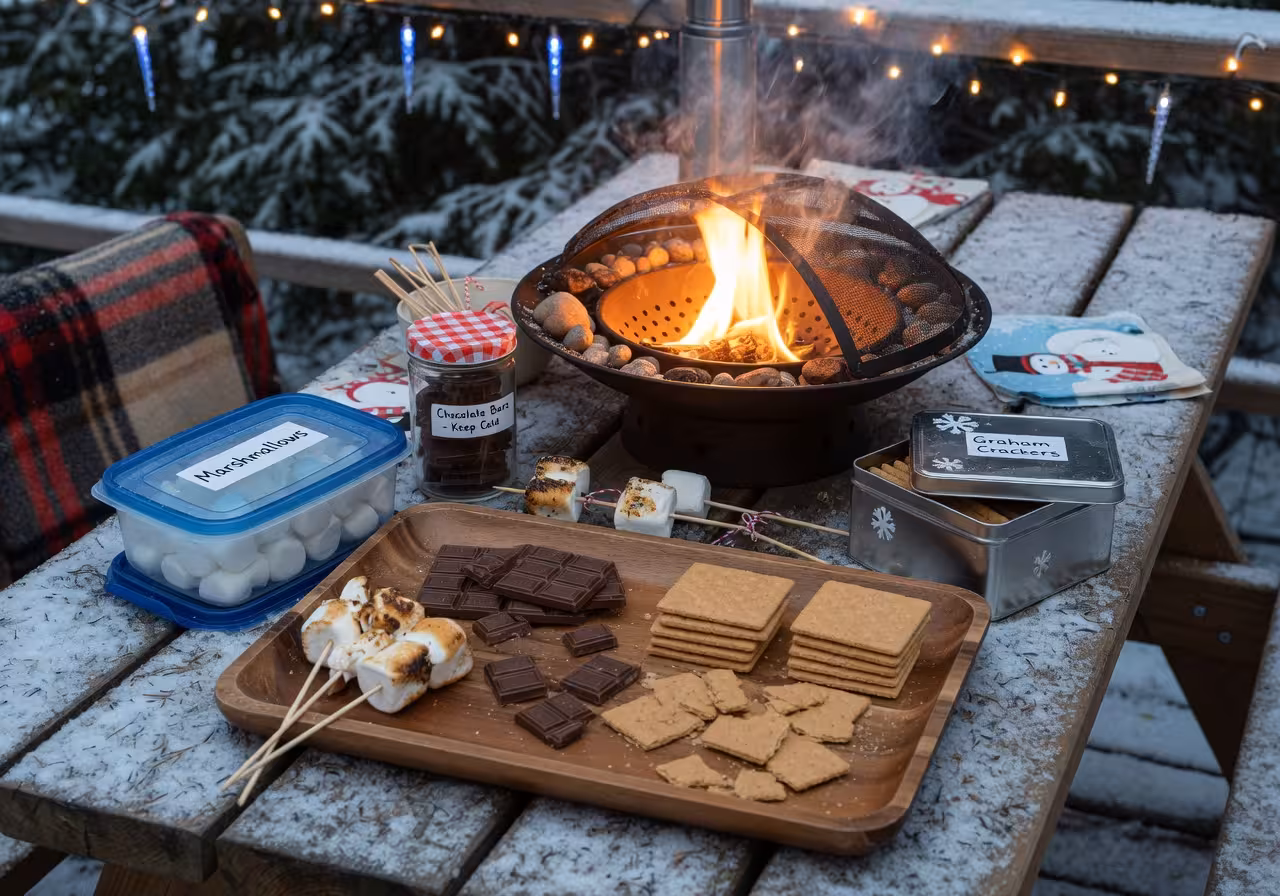 Tabletop fire bowl with s'mores ingredients in covered containers, graham crackers, and chocolate bars