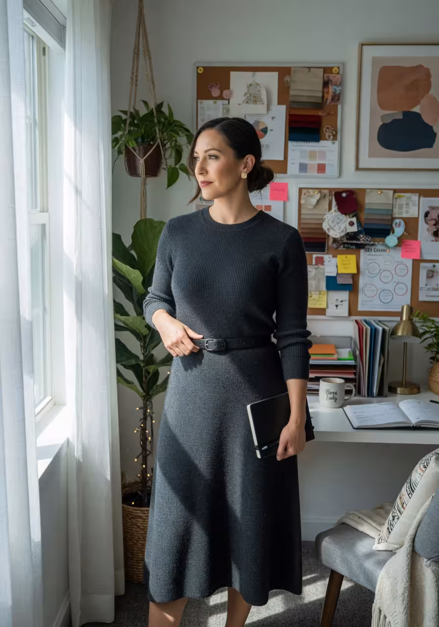 Charcoal knit midi dress with a thin leather belt and simple stud earrings on a woman standing near a window