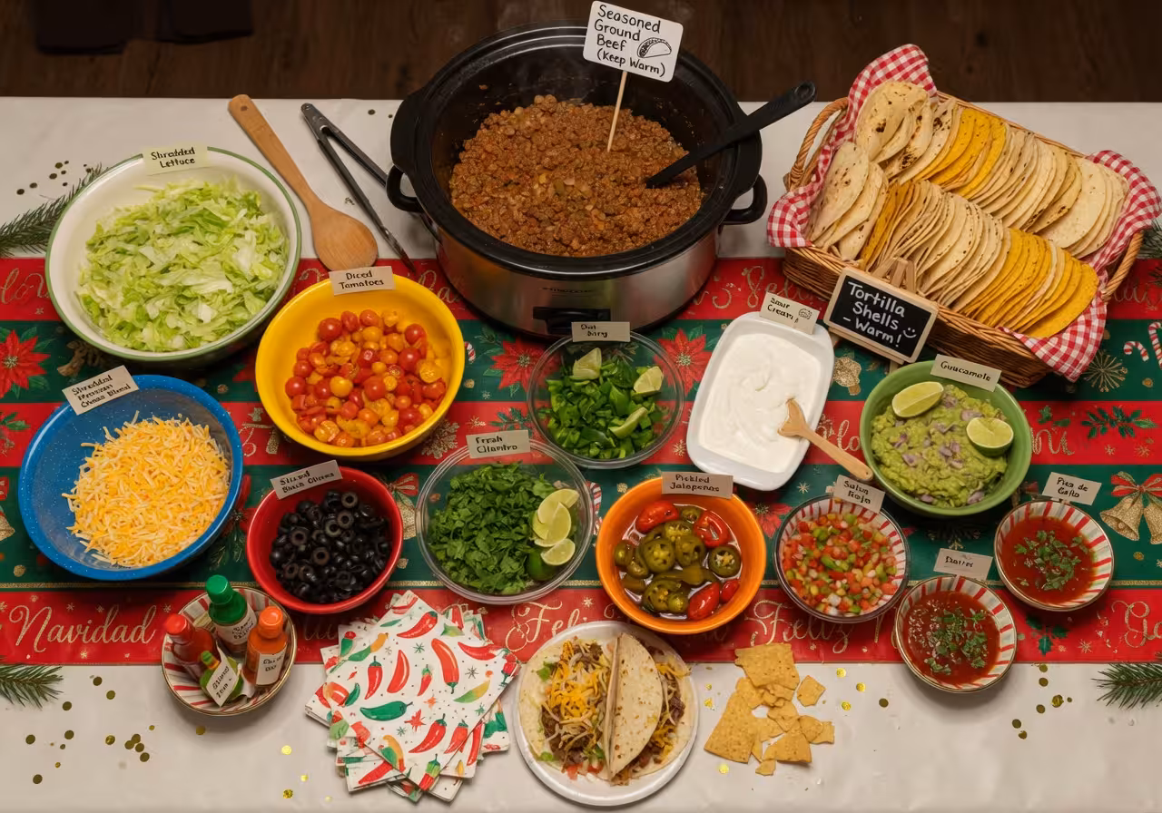 build-your-own taco bar buffet spread with labeled bowls of toppings and ground beef in a slow cooker