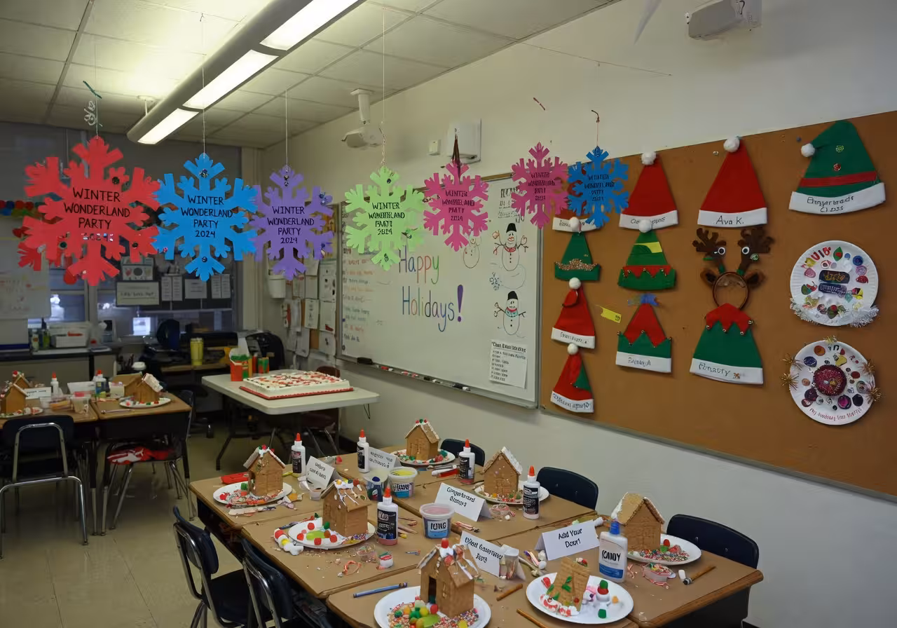 Classroom holiday party scene with colorful paper snowflakes hanging from the ceiling and the party name printed on them