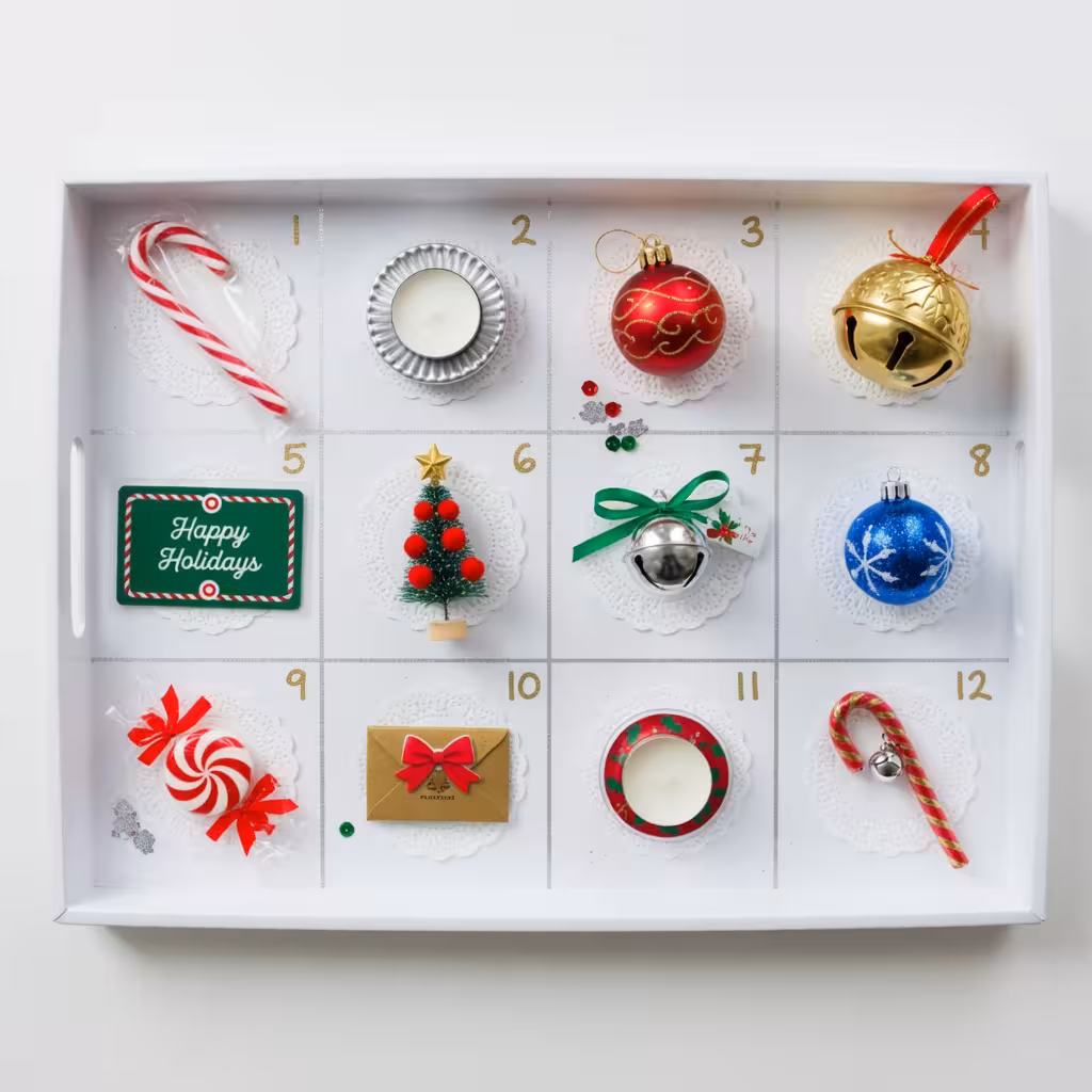 Holiday party tray game setup with 12 small festive items arranged neatly including a candy cane, tea light, and ornament