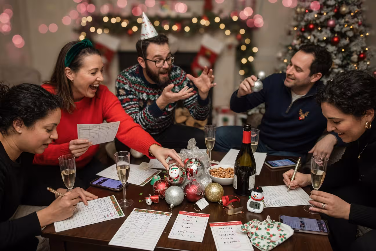 Adults playing holiday party games around coffee table with scorecards, wrapped ornaments, and champagne glasses